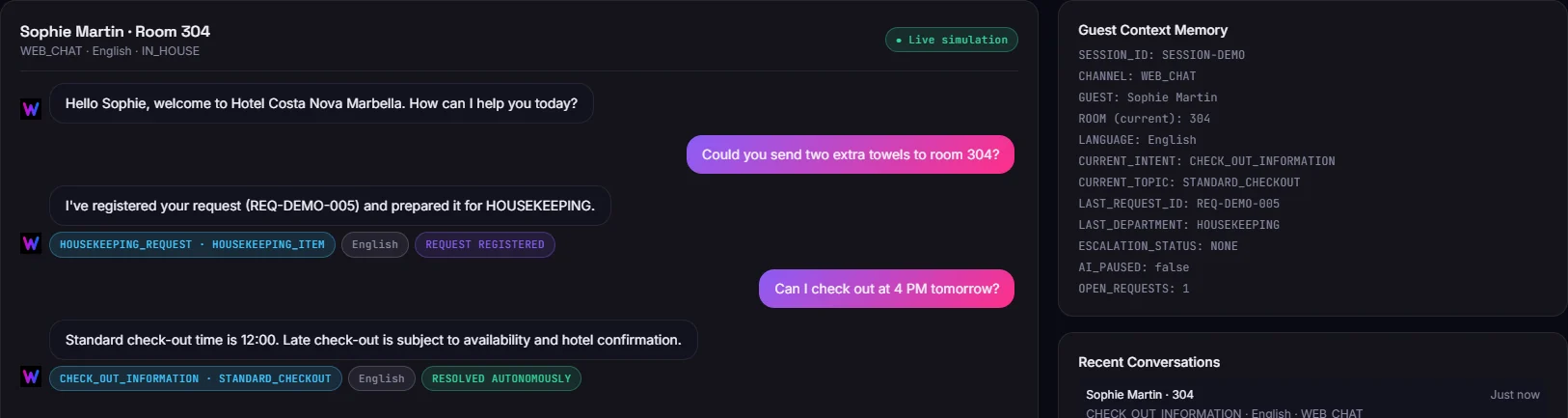 The guest then asks whether she can check out at 4 PM tomorrow. WOW answers that standard check-out is 12:00 and late check-out depends on availability and hotel confirmation.